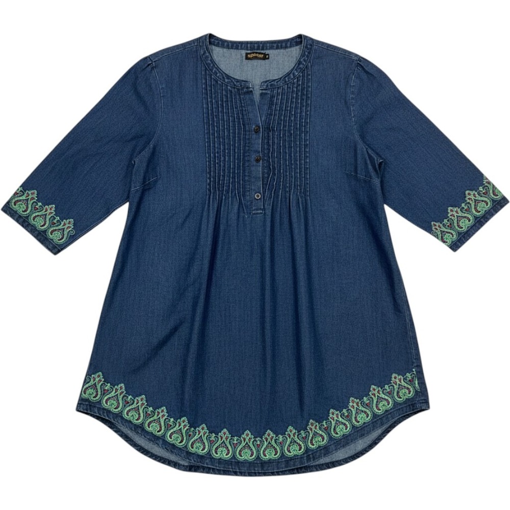 Reborn Tunic Top 2X Blue Denim Embroidered Pintuck 3/4 Sleeve Boho Peasant Retro